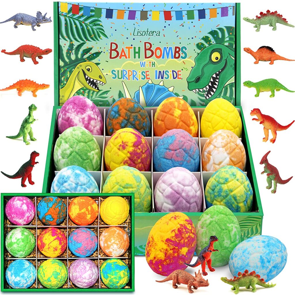 Dinosaur egg bath bombs for kids, with toys and bath time fun